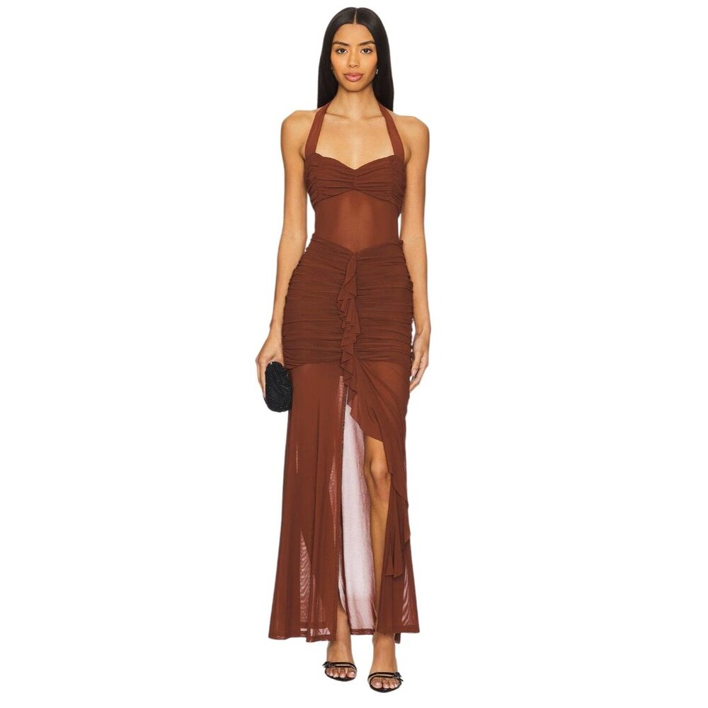 Brown Halter Maxi Dress with Ruched Front